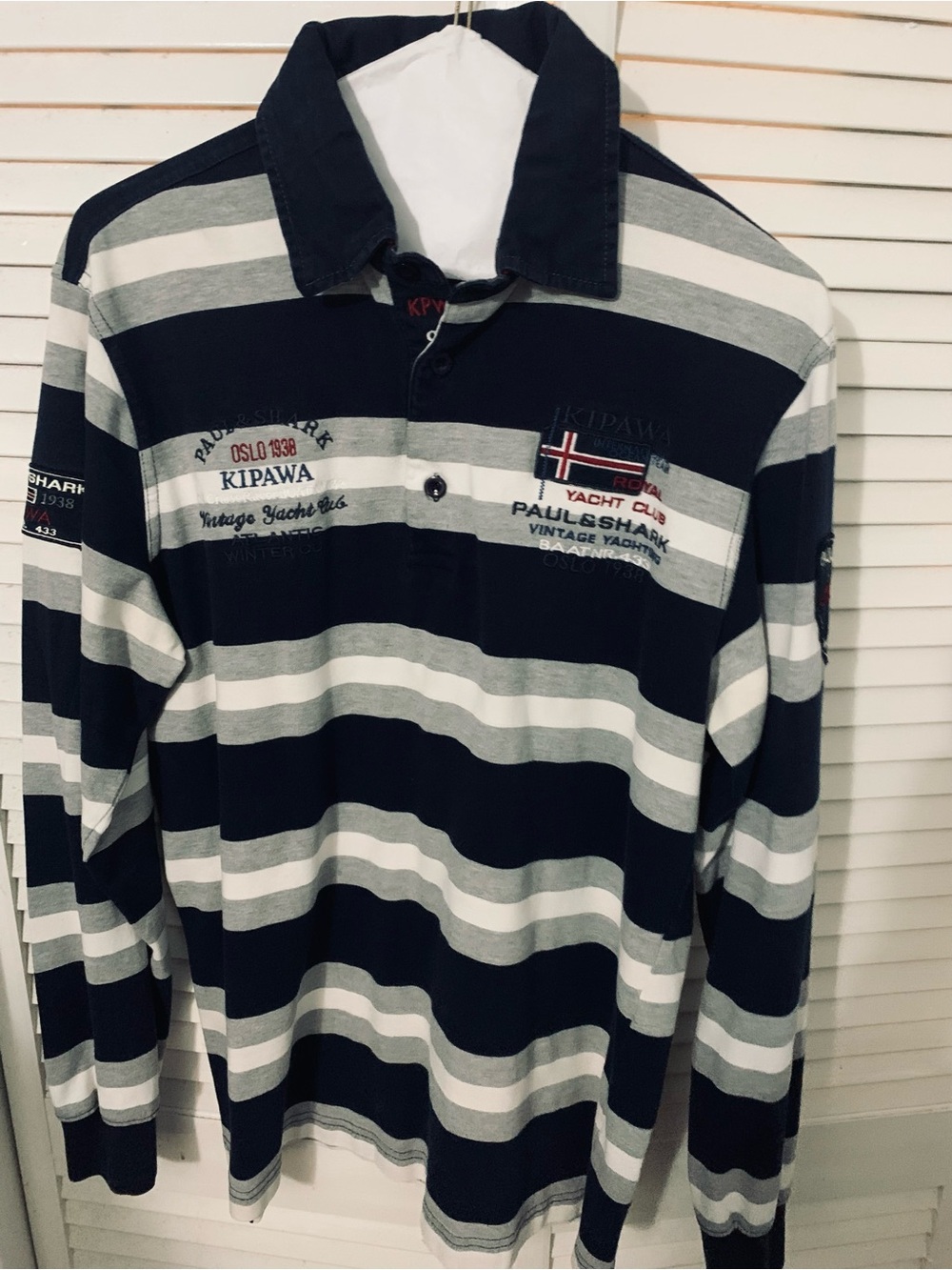 Paul & Shark Men's Navy and Gray Striped Rugby Polo Shirt M. 21/28